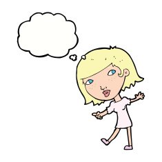 cartoon happy girl gesturing to follow with thought bubble N9