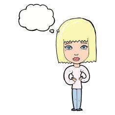 cartoon woman indicating self with thought bubble N9