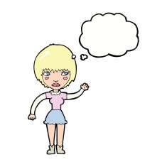 cartoon waving woman with thought bubble N125