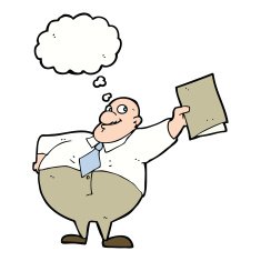 cartoon happy boss with file thought bubble N9