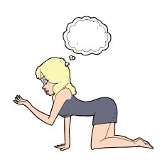cartoon woman on all fours with thought bubble N17