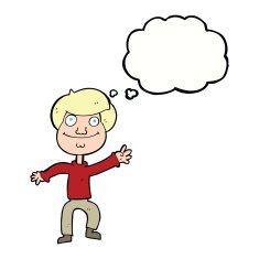 cartoon happy man waving with thought bubble N31