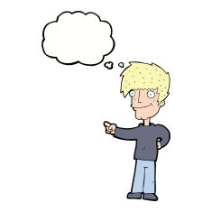 cartoon man pointing with thought bubble N161