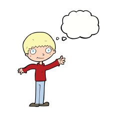 cartoon happy waving boy with thought bubble N17