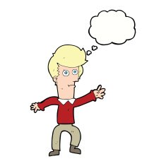 cartoon man waving with thought bubble N24