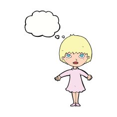 cartoon woman in dress with thought bubble N33