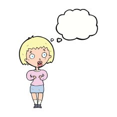 cartoon woman making Who Me? gesture with thought bubble N37