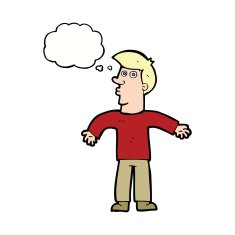 cartoon man shrugging shoulders with thought bubble N29