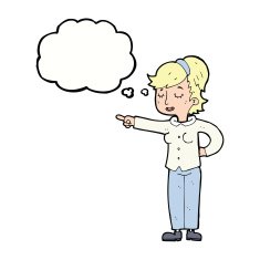 cartoon friendly woman pointing with thought bubble N9