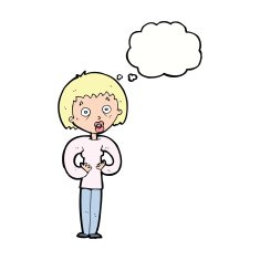 cartoon woman gesturing at self with thought bubble N24
