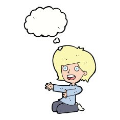 cartoon shocked woman on knees with thought bubble N8