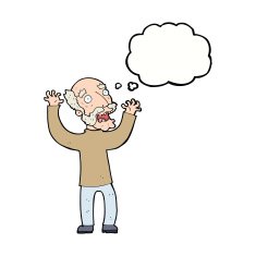 cartoon terrified old man with thought bubble N17