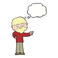cartoon bearded man pointing with thought bubble N9