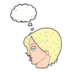 cartoon woman raising eyebrow with thought bubble N17