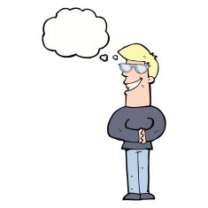 cartoon grinning man with glasses thought bubble