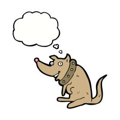 cartoon happy dog in big collar with thought bubble N6