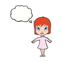 cartoon girl in dress with thought bubble N9