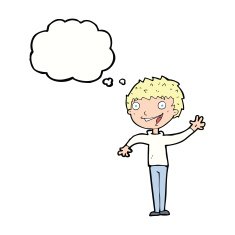 cartoon happy boy waving with thought bubble N17