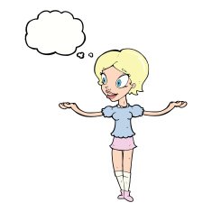 cartoon woman with arms spread wide thought bubble N9