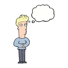 cartoon jaded man with thought bubble N17