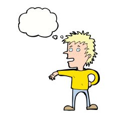 cartoon man making dismissive gesture with thought bubble N17