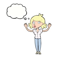 cartoon woman surrendering with thought bubble N9