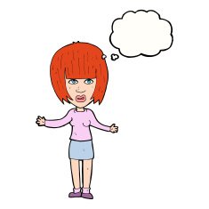cartoon woman shrugging shoulders with thought bubble N421