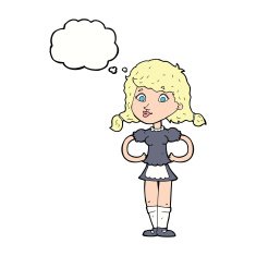 cartoon happy waitress woman with thought bubble N9