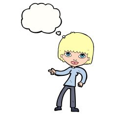 cartoon woman pointing with thought bubble N184