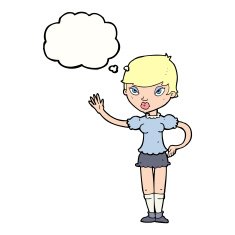 cartoon woman waving with thought bubble N295