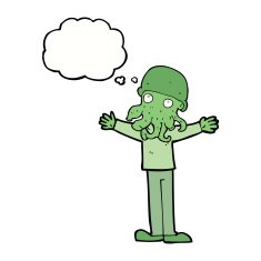 cartoon alien squid face man with thought bubble N9