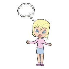 cartoon woman shrugging shoulders with thought bubble N422