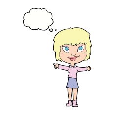 cartoon woman pointing with thought bubble N186