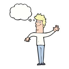 cartoon happy waving man with thought bubble N9