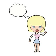 cartoonw woman waving with thought bubble