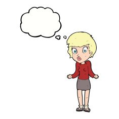 cartoon woman shrugging shoulders with thought bubble N423