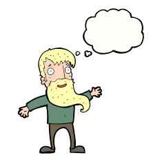 cartoon man with beard waving thought bubble N8
