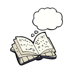 cartoon open book with thought bubble