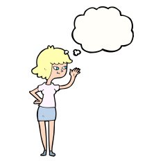 cartoon friendly girl waving with thought bubble N8