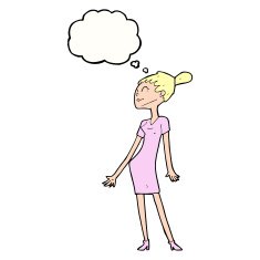 cartoon woman in dress with thought bubble N34