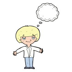 cartoon smug boy with thought bubble N9