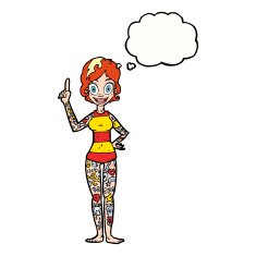 cartoon woman covered in tattoos with thought bubble N8