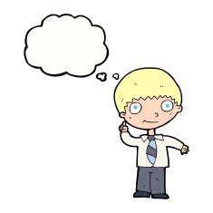 cartoon school boy with idea thought bubble N25