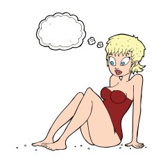 cartoon woman in swimsuit with thought bubble N8