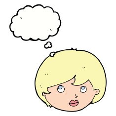 cartoon female face looking upwards with thought bubble N9
