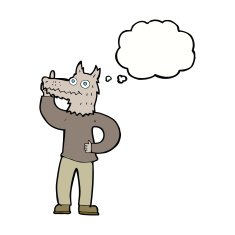 cartoon werewolf with idea thought bubble N4
