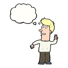 cartoon man making peace sign with thought bubble N8