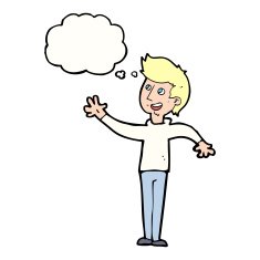 cartoon man waving with thought bubble N26