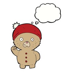 cartoon waving teddy bear in winter hat with thought bubble