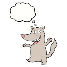 cartoon happy wolf with thought bubble N17